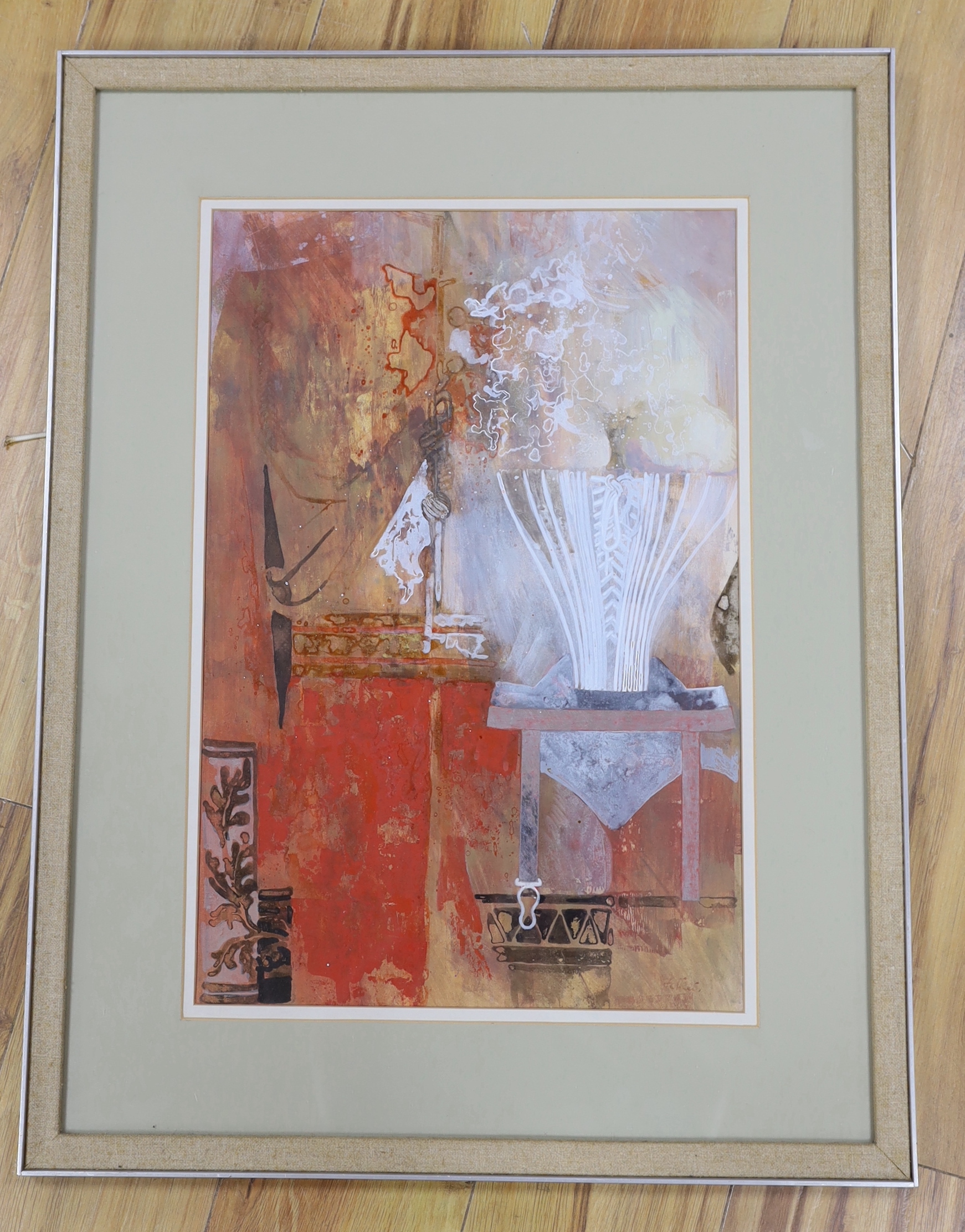 Peter Leonard Folkes RWA (1923-2019), mixed media, Interior with cut glass vase, signed, 53 x 35cm